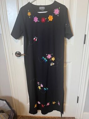 berek Black Maxi Dress with Bright Floral & Bug Embroidery
